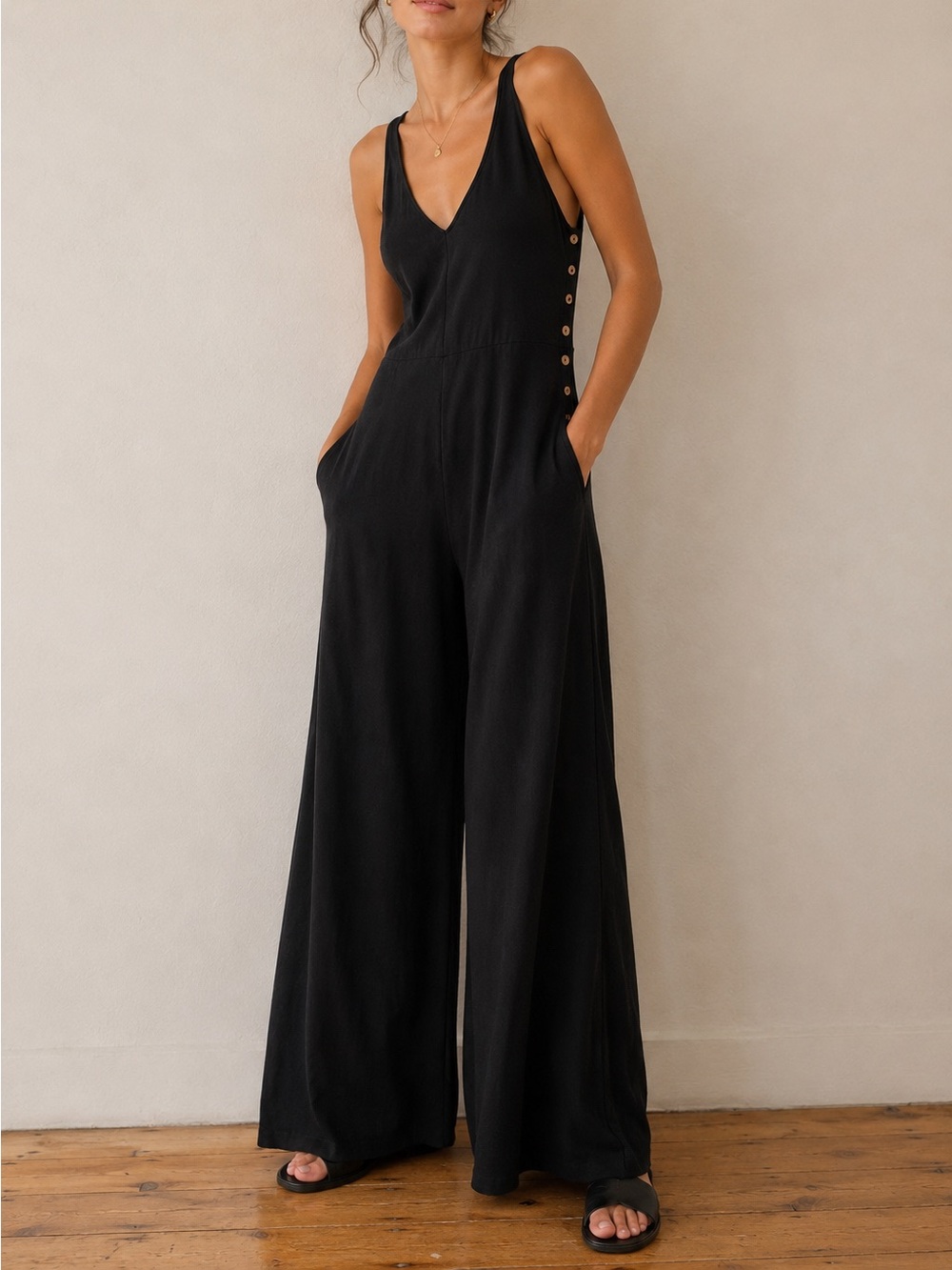 FP Beach Jumpsuit Linen Wide Leg Black Free People Size XL Minimalist V-Neck